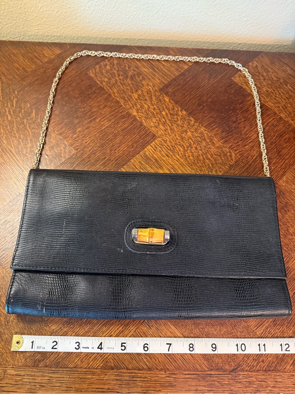 Vintage Talbots Black Lizard-Embossed Clutch with Gold Chain